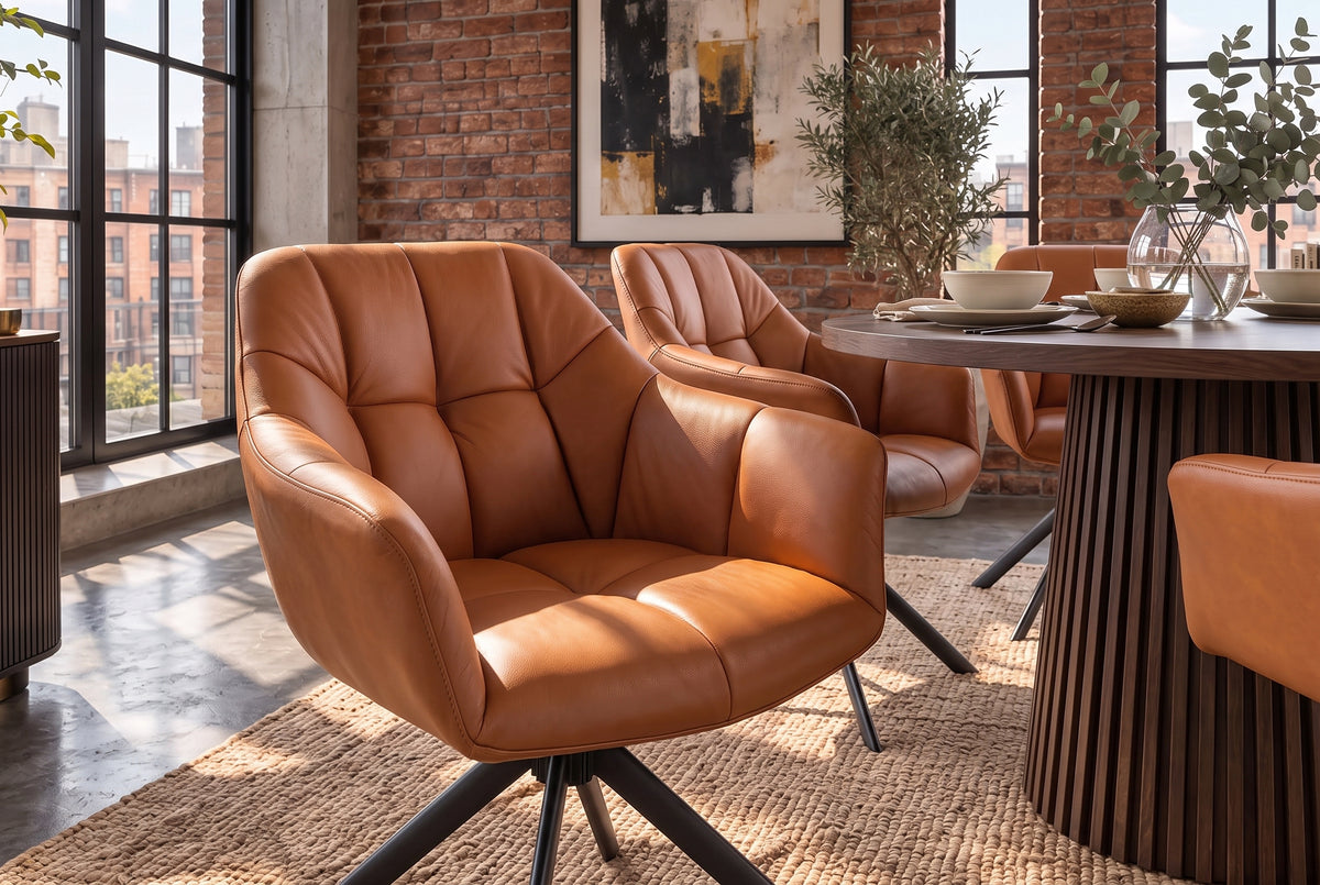 Swivel chair PAPILLON 180° rotatable w/ armrests leather cognac