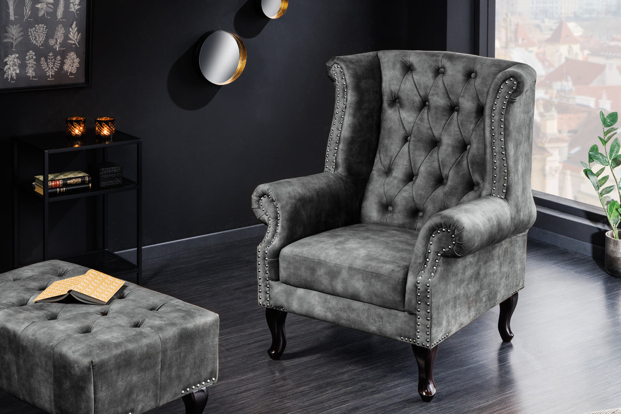 Ohrensessel CHESTERFIELD Antik-Look Samt grau