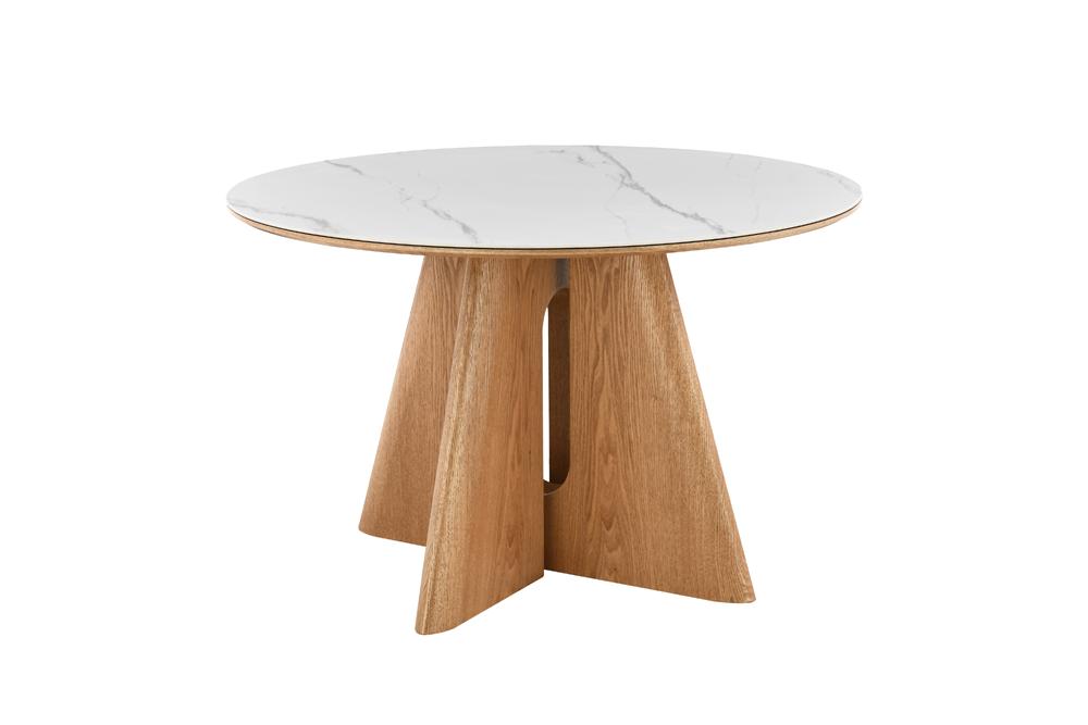Dining table ORGANIKO 120cm round white marble ceramic top w/ oak wood look frame