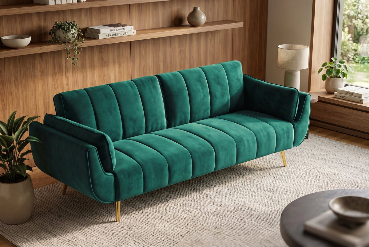 Sofa bed DIVANI 220cm 3-seater w/ armrest cushions velvet emerald green metal feet gold