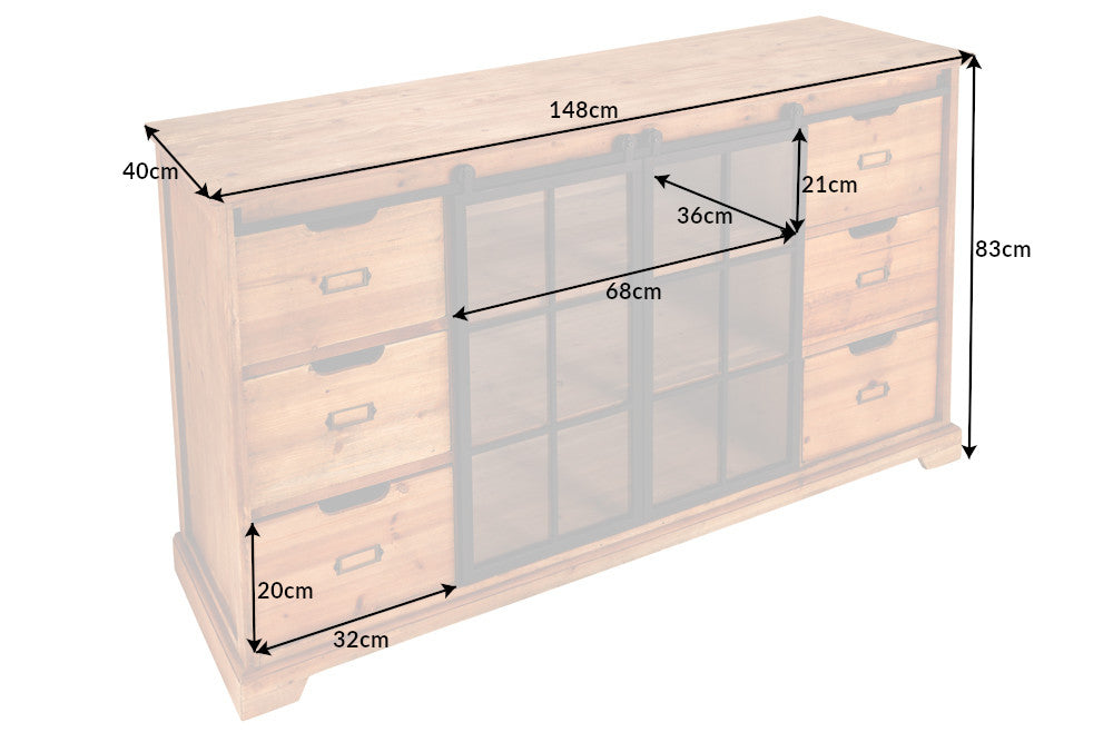 Sideboard HERITAGE 150cm slide glass doors pine wood