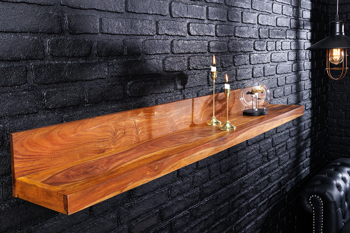 Wandregal MAKASSAR 140 cm, Naturstein-Finish, Sheesham-Holz