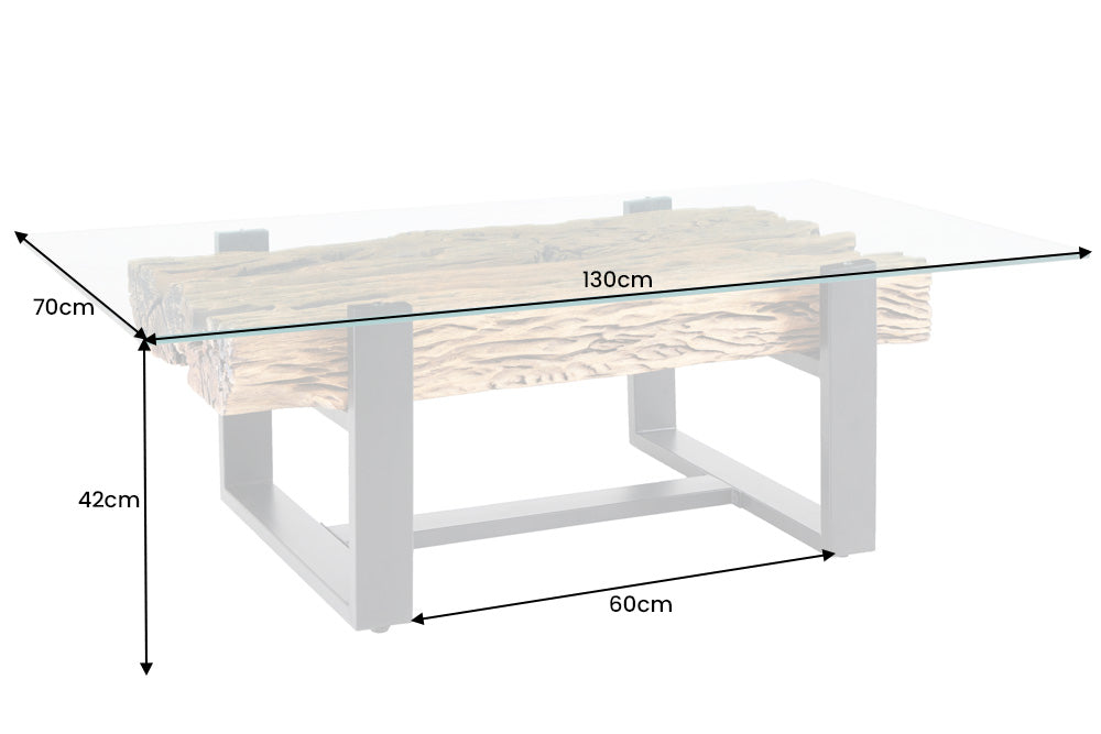 Couchtisch BARRACUDA 130cm recyceltes Teakholz mit gehärteter Glasplatte