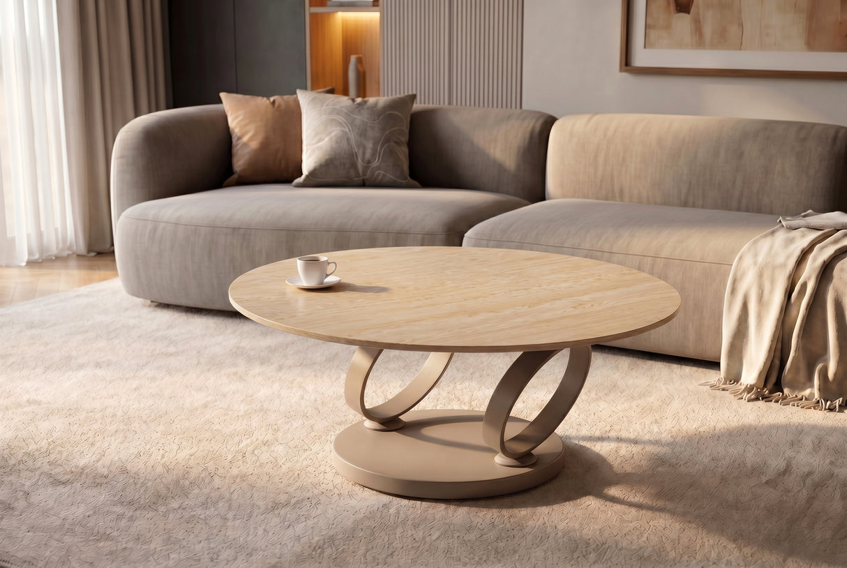 Coffee table DANCING RINGS round rotatable travertine ceramic champagne greige