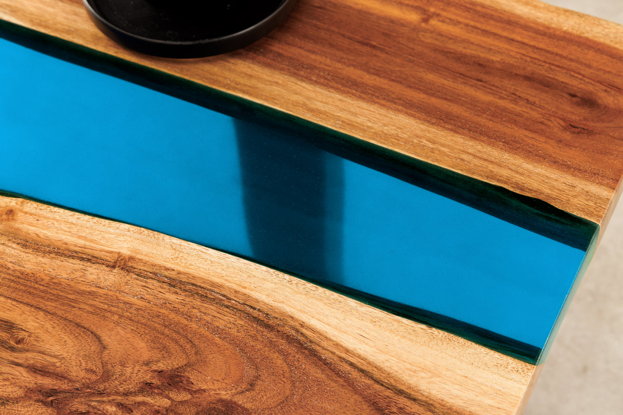 Coffee table LIQUID 110cm acacia wood blue epoxy strip
