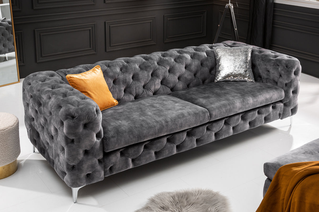Sofa MODERN BAROCK 240cm 3-seater velvet dark grey Chesterfield look