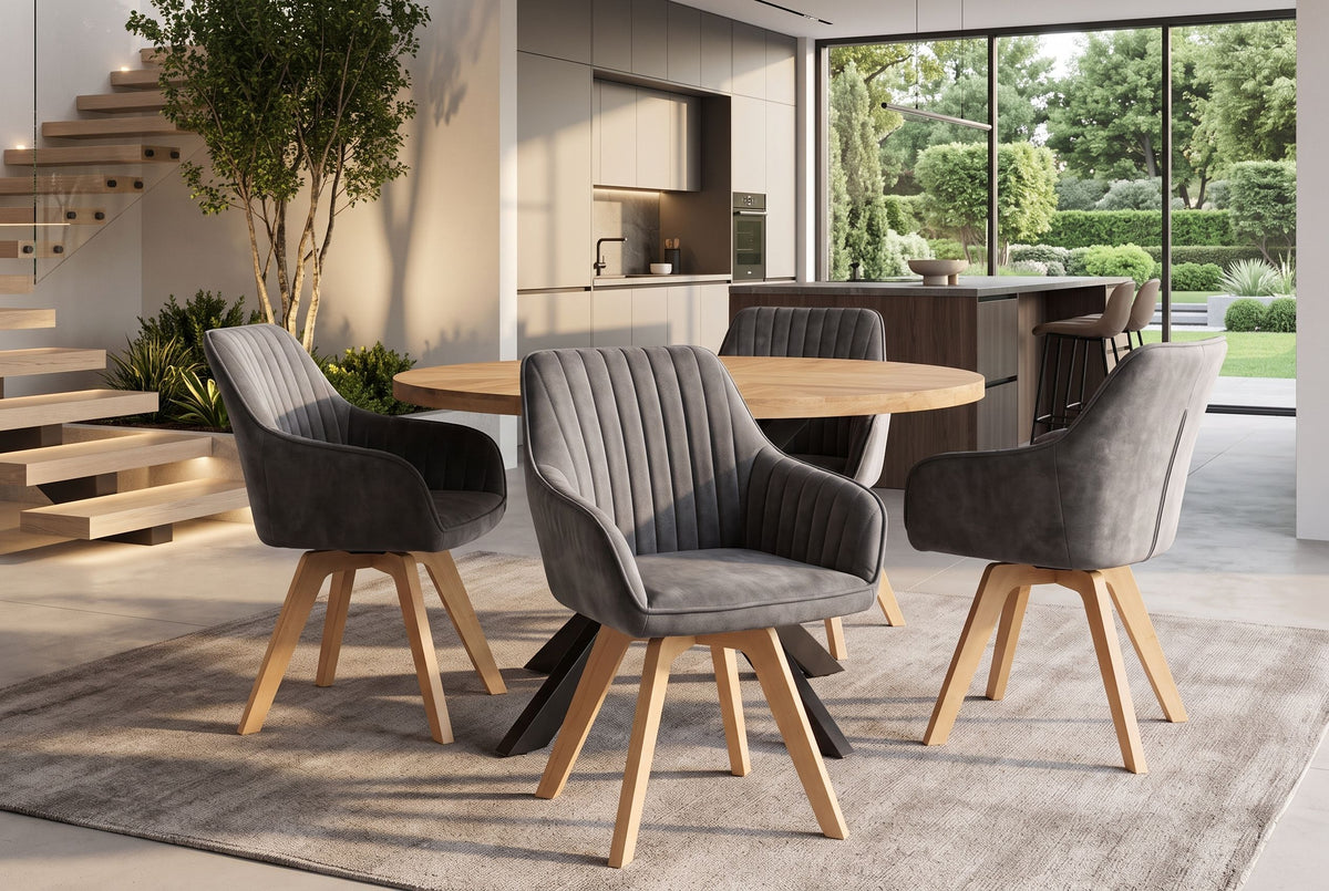 Swivel chair LIVORNO 180° auto-return w/ armrests velvet grey beech wood frame