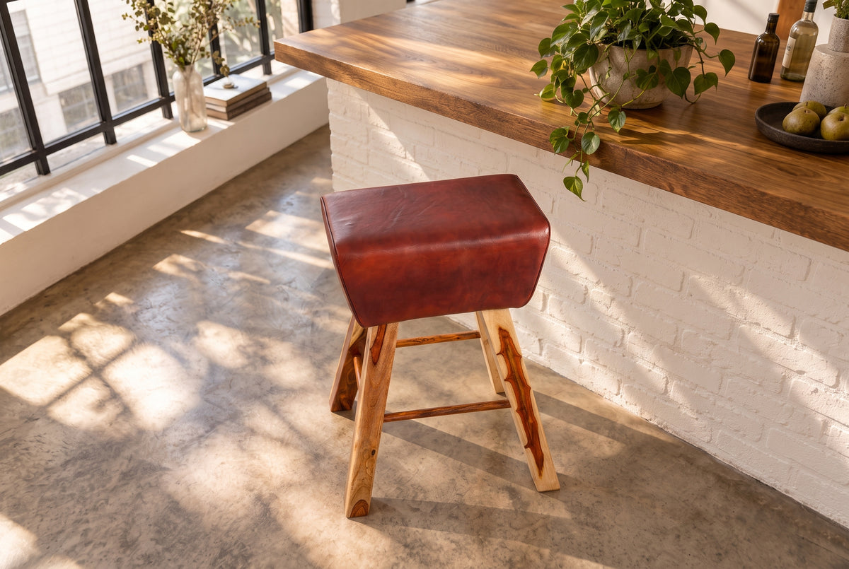Barhocker TURNBOCK 75 cm Sitz gepolstert Mangoholz natur Echtleder kaffeebraun