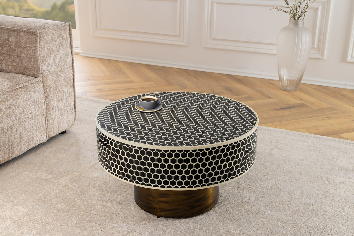 Coffee table HARMONY NATURE 60cm frame gold w/ table top black white