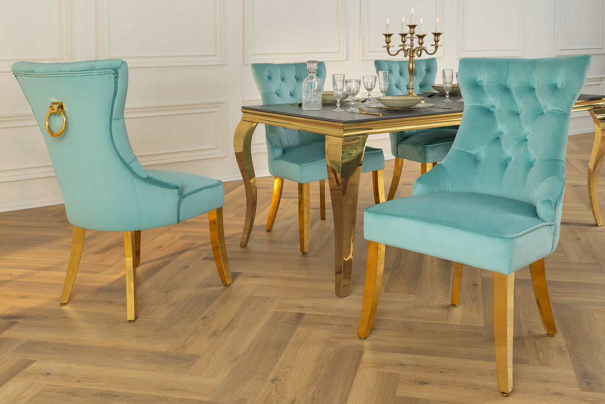 Stuhl CASTLE mit Komfortgriff samt blau goldenen Beinen im Chesterfield Stil