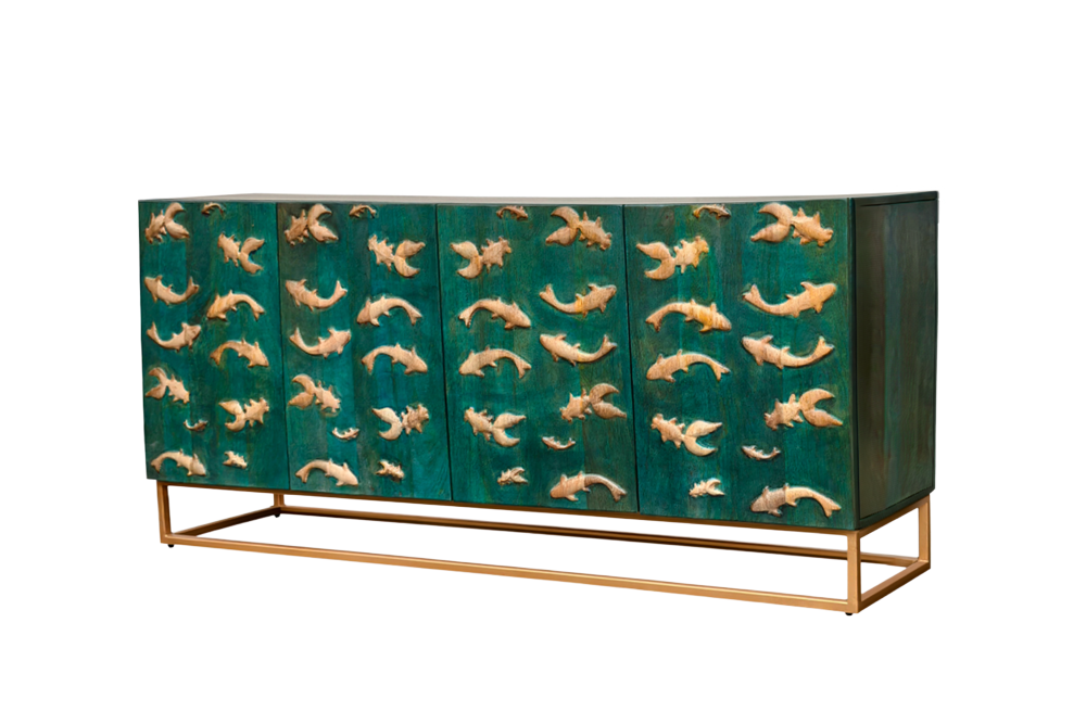 Sideboard GOLDEN LAGOON 180cm 3D Mangoholz Türkis Metall Gold