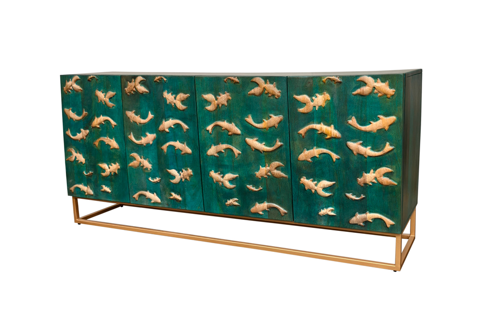 Sideboard GOLDEN LAGOON 180cm 3D Mangoholz Türkis Metall Gold