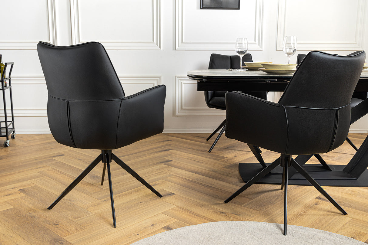 Swivel chair PAPILLON rotatable 360° w/ armrests frame black leather black