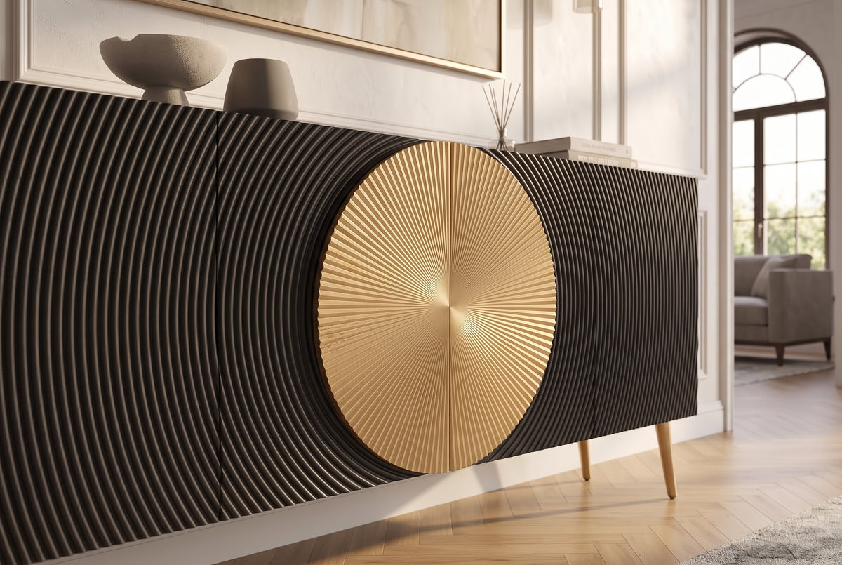 Sideboard AURUM 180cm textured front gold circle accent mango wood black gold metal feet