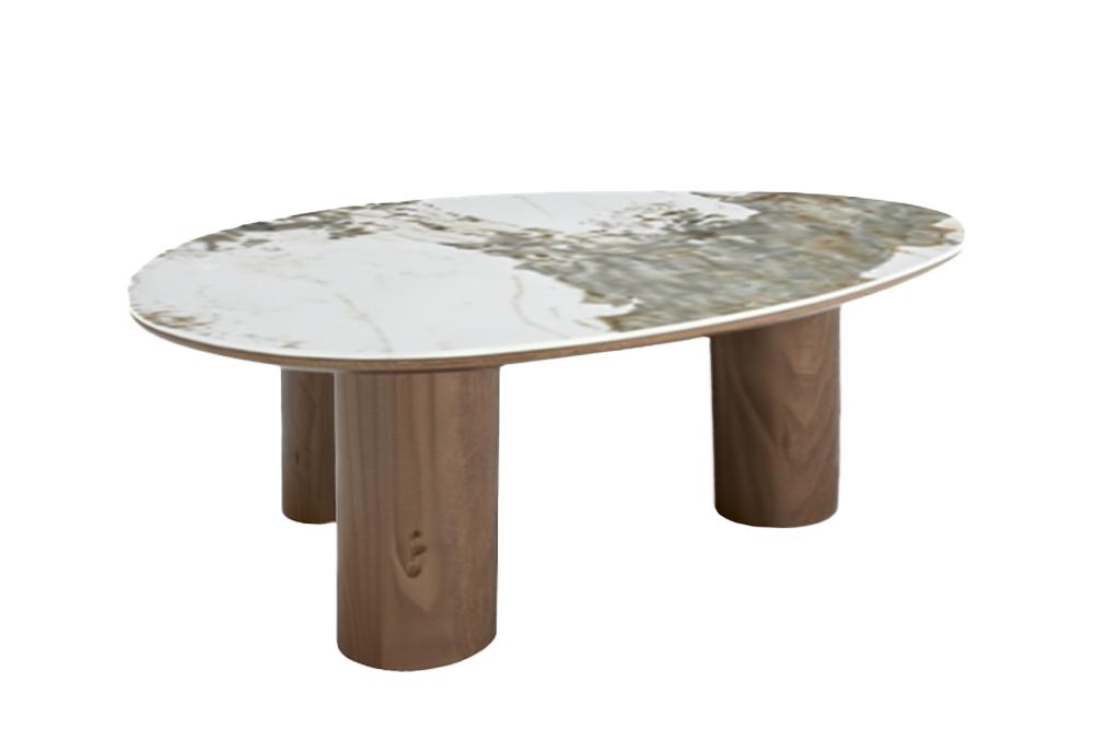 Couchtisch ORGANIKO 110cm weiß-braune Keramikoptik m. Nussbaum-Holzoptik-Gestell