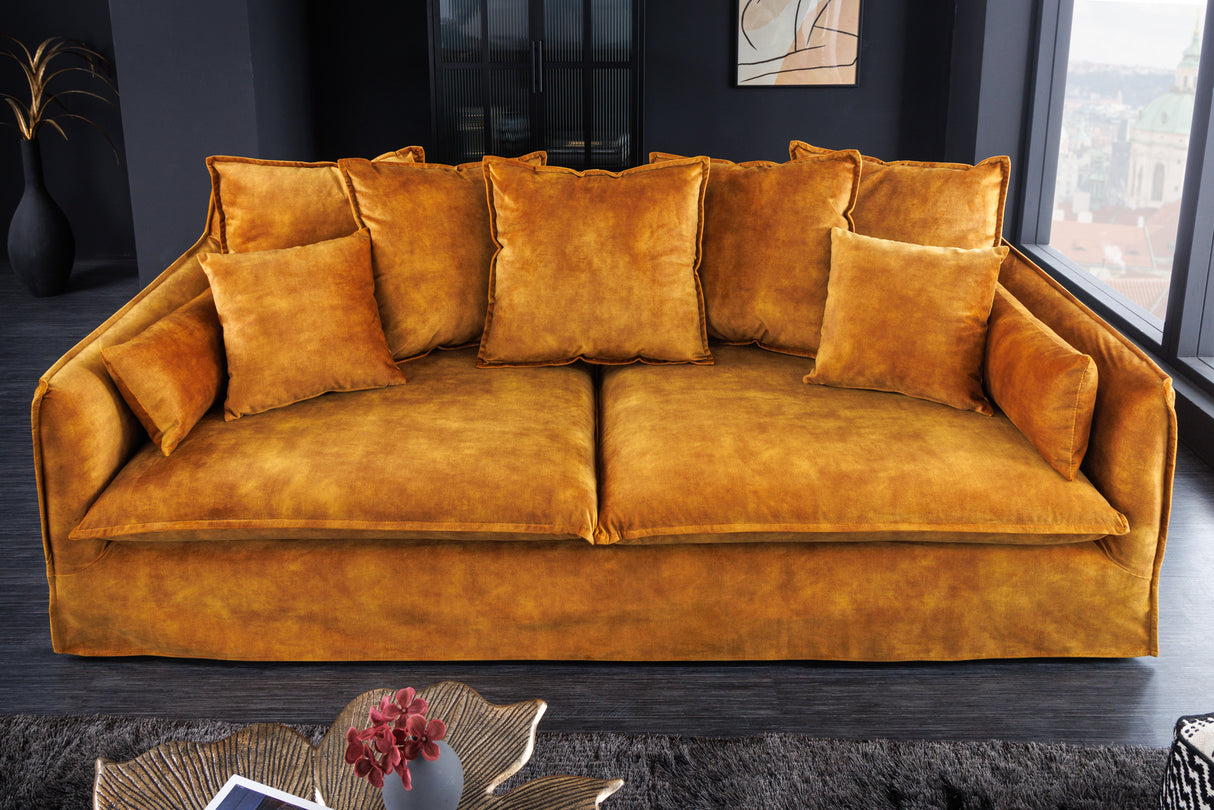 Sofa HEAVEN 200 cm 3-Sitzer Federkern, abnehmbarer Bezug aus strukturiertem Samt, senfgelb