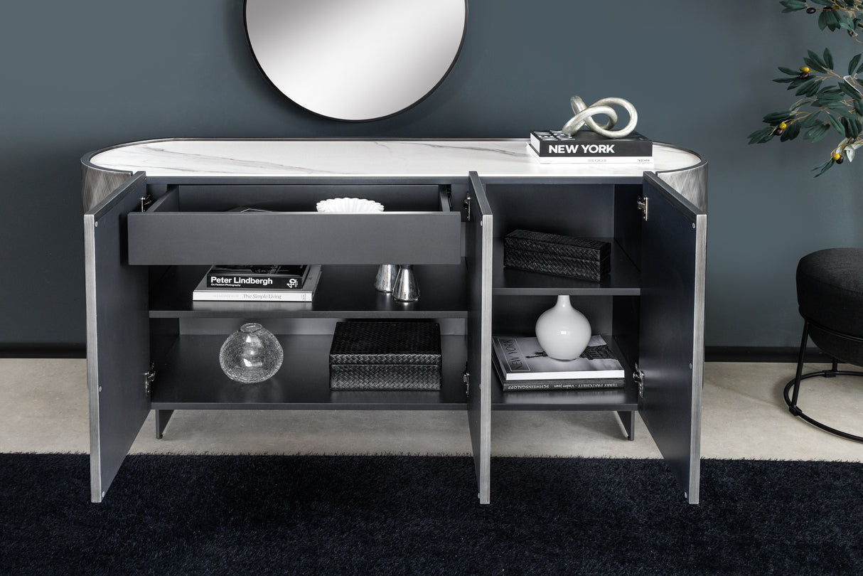 Sideboard REFLECTION 150cm 3D Effekt anthrazit mit Keramik Marmorplatte weiß