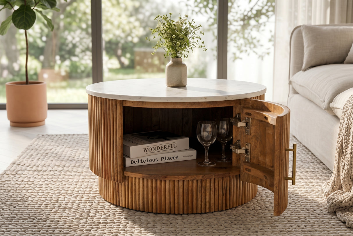Couchtisch TRES CHIC Ø 60cm rund Mangoholz natur mit weißer Marmorplatte