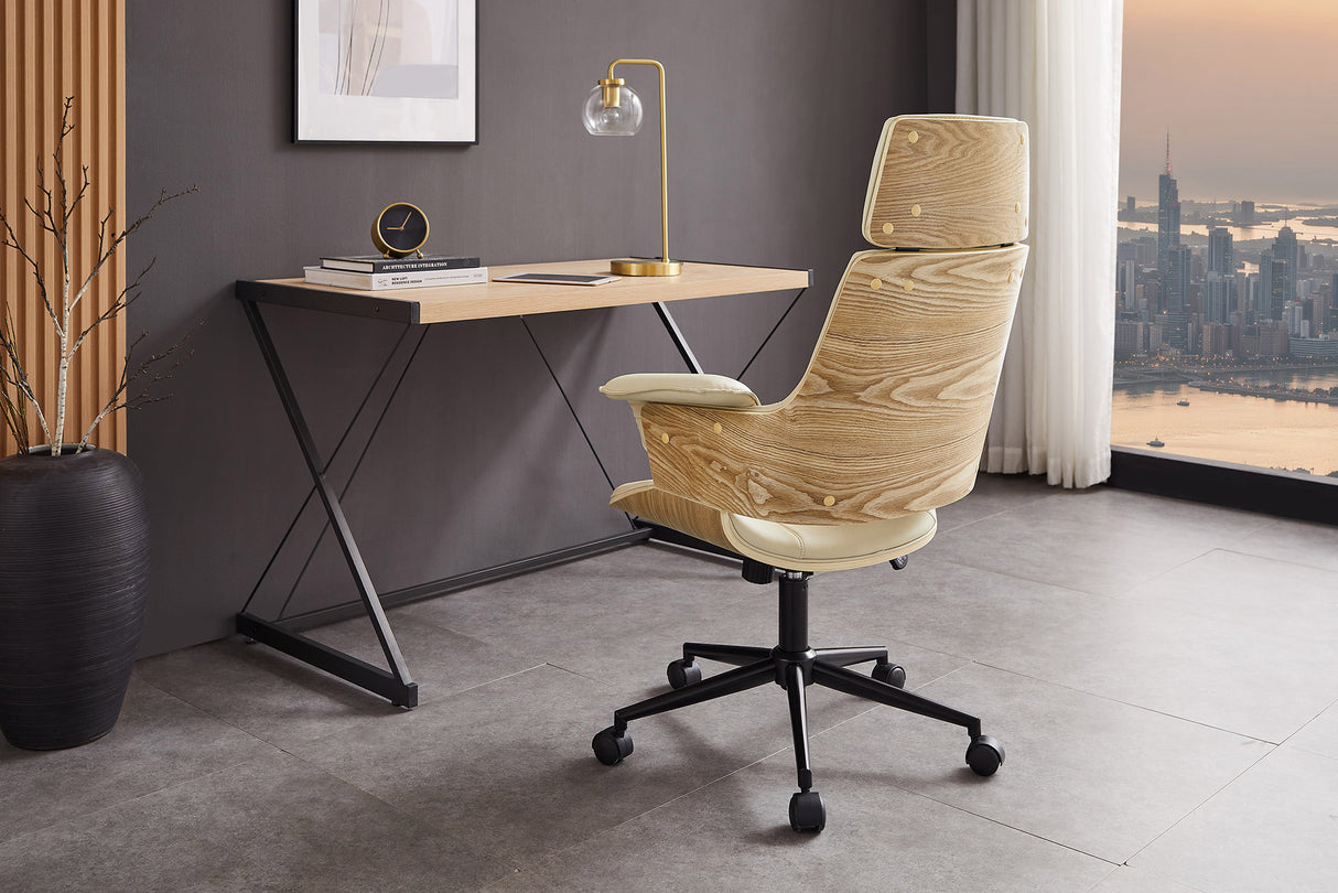 Bürostuhl MANHATTAN 44-54cm drehbar Kunstleder cremebeige und Eichenholz
