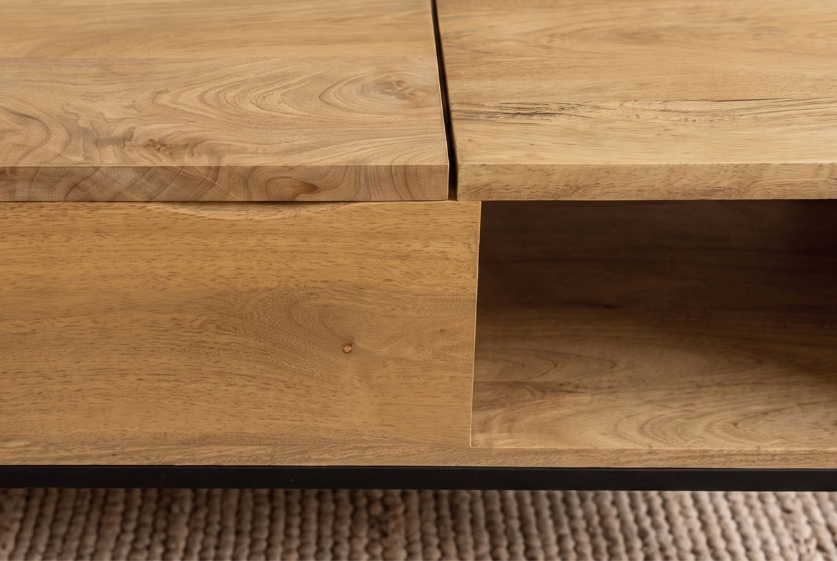 Coffee table MAKASSAR FUNCTION 110cm height adjustable mango wood natural creamy w/ storage space