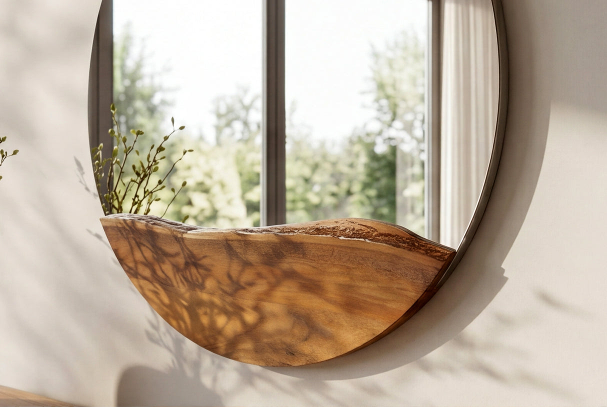 Wandspiegel LIVING EDGE 100cm rund, natürliche Kante, braunes Akazienholz
