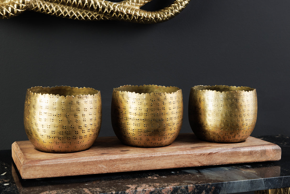 Schale ORIENT 3er Set Hammerschlag-Effekt gold natur Mangoholzsockel