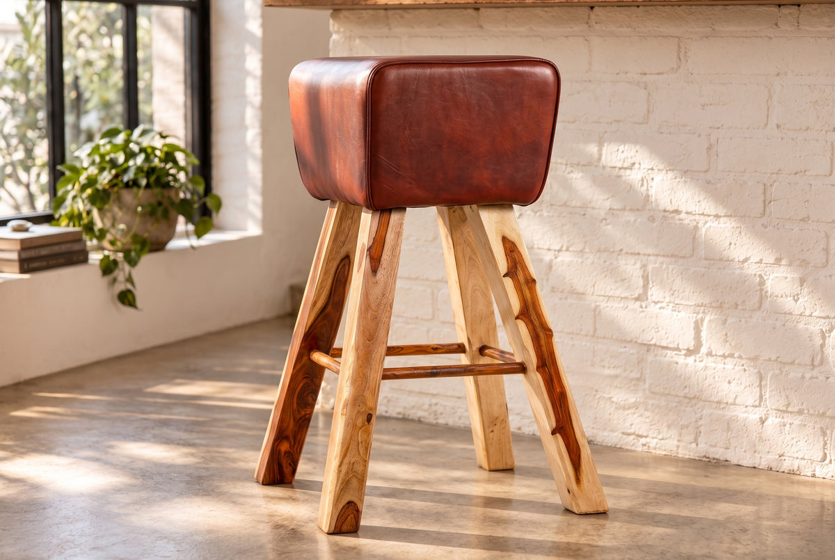 Barhocker TURNBOCK 75 cm Sitz gepolstert Mangoholz natur Echtleder kaffeebraun
