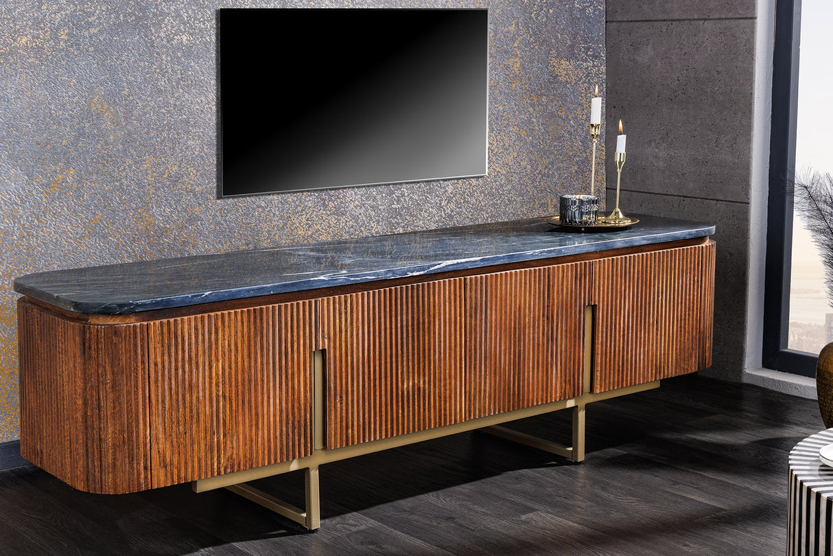 TV-Board GATSBY 160cm Retro-Stil Mangoholz gold Marmorplatte schwarz