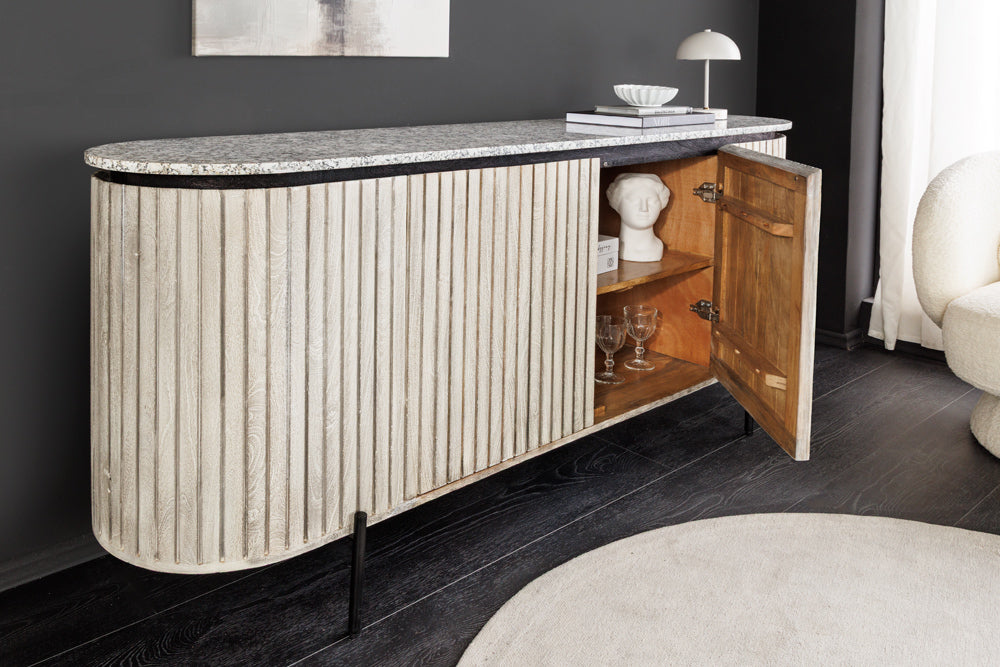 Sideboard ADLON 170cm mango wood grey w/ marble top white and black