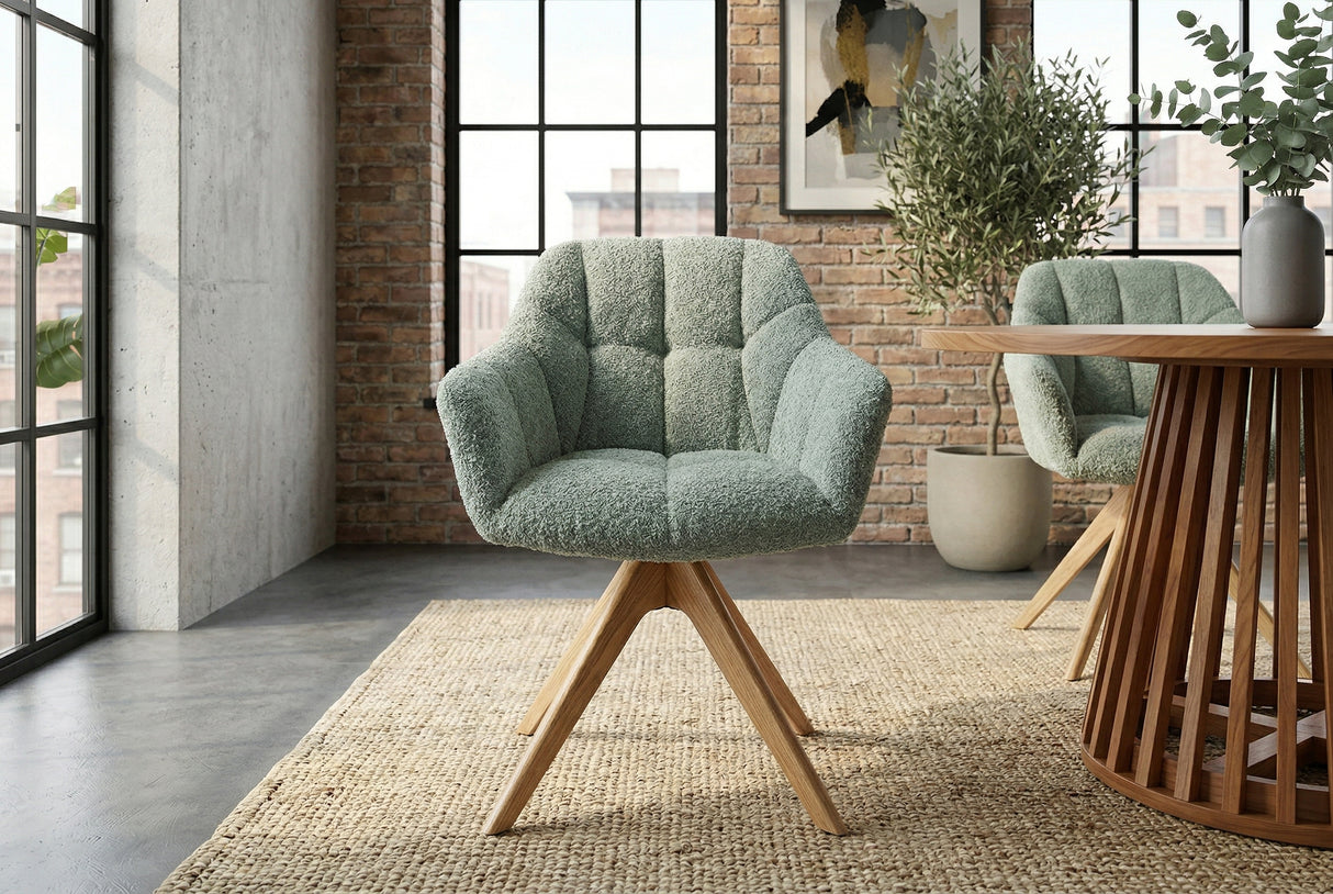 Swivel chair PAPILLON rotatable 180° sage green bouclé w/ armrests oak look legs