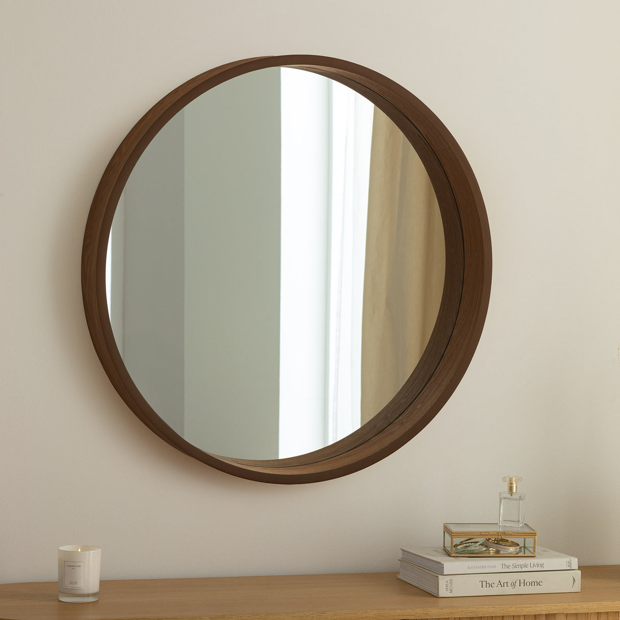 Wall mirrow PORTRAIT 70cm round walnut wood veneered