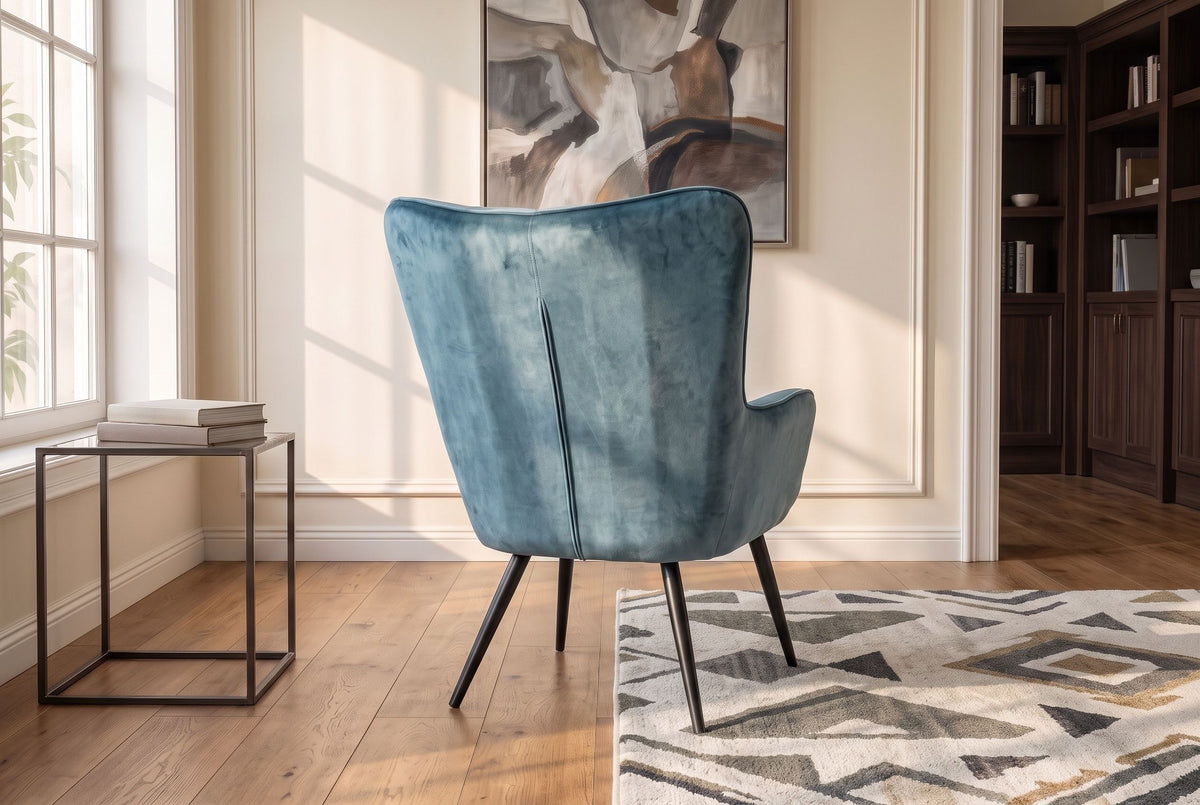 Armchair SCANDINAVIA stitched backrest velvet petrol w/ black metal legs