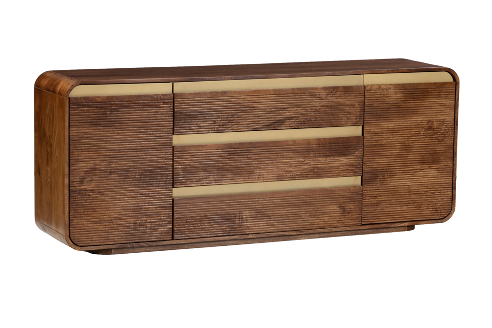 Sideboard MONZA 180cm fluted front rounded edges mango wood brown w/ gold details