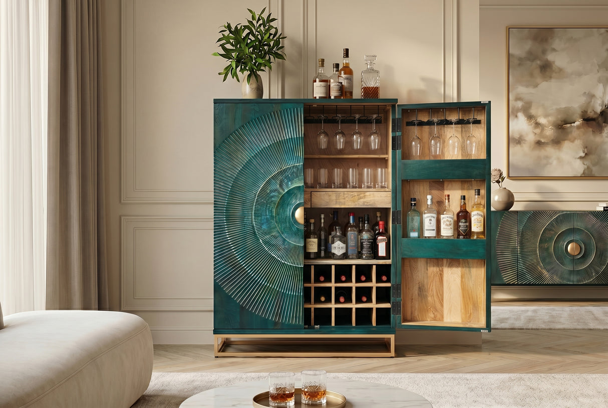 Bar cabinet GOLDEN SUNSET 140cm 3D mango wood turquoise