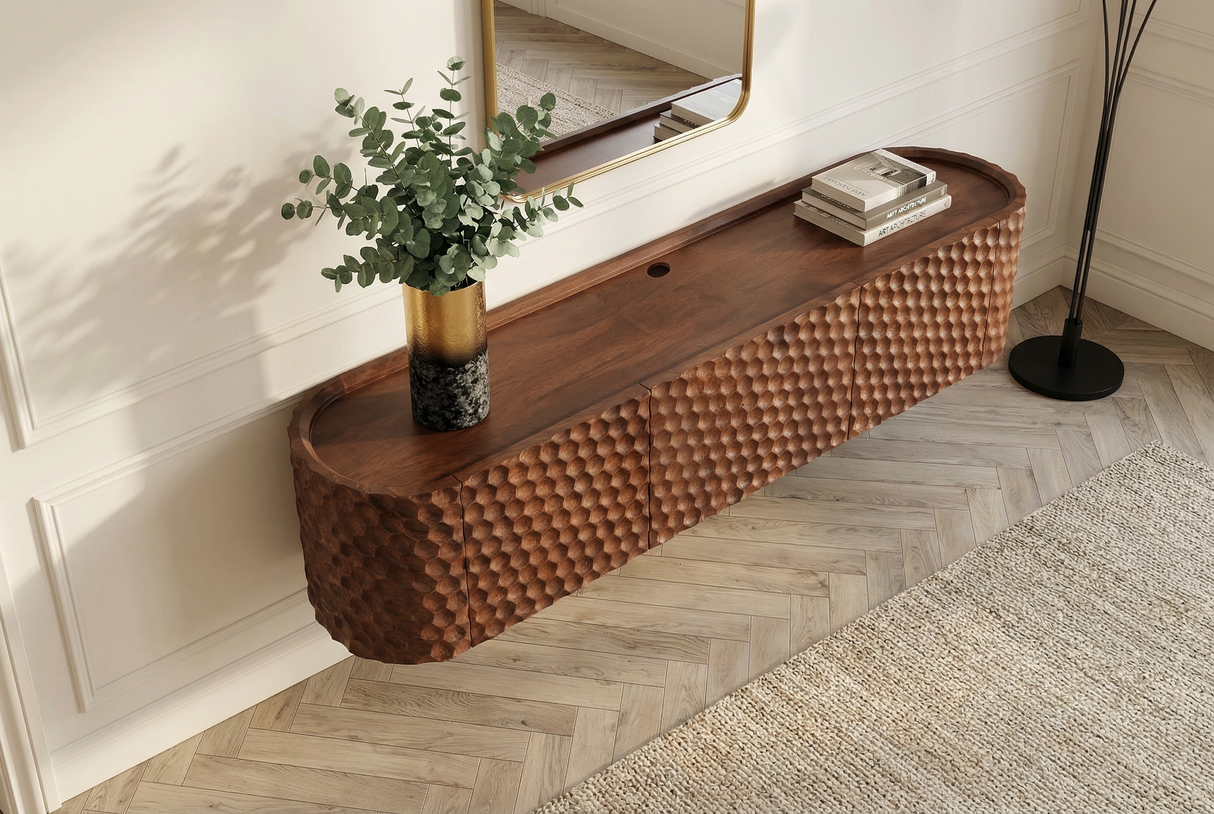 TV-Board ADLON 160cm mit Kabelmanagement hängend 3D massive Mango-Holz