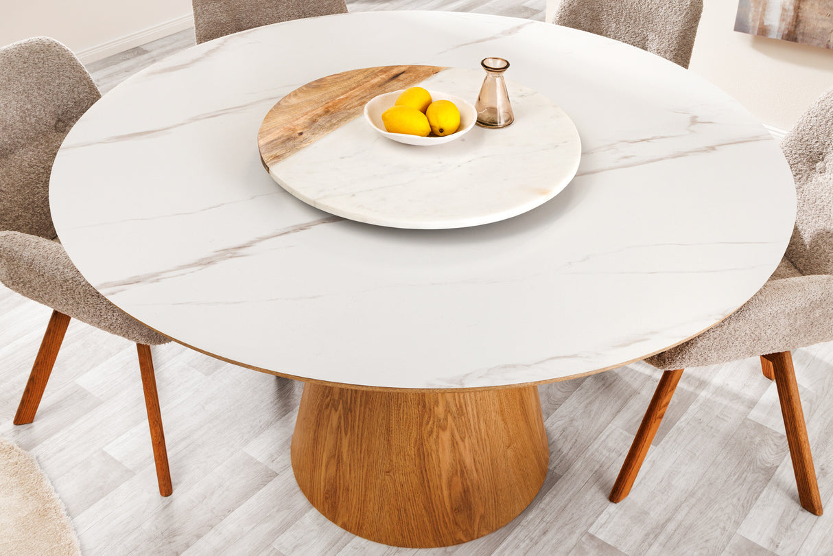 Dining table UNIQUE 120cm round oak wood verneered ceramic white marble top