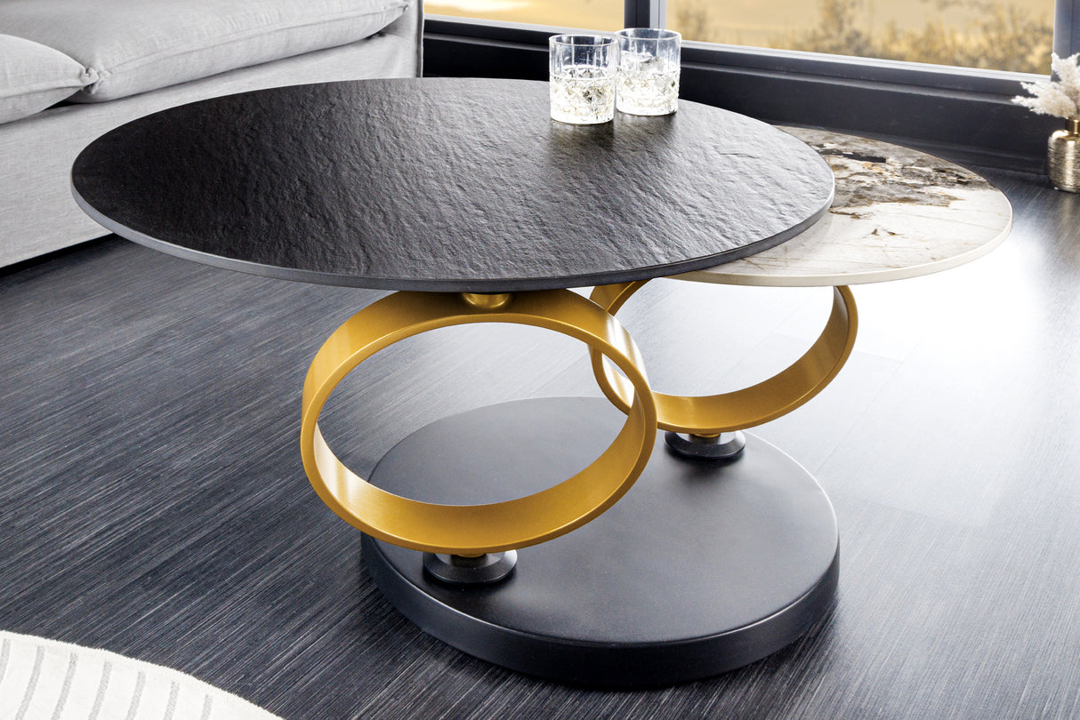 Coffee table DANCING RINGS 80-135cm rotatable ceramic black and natural stone look
