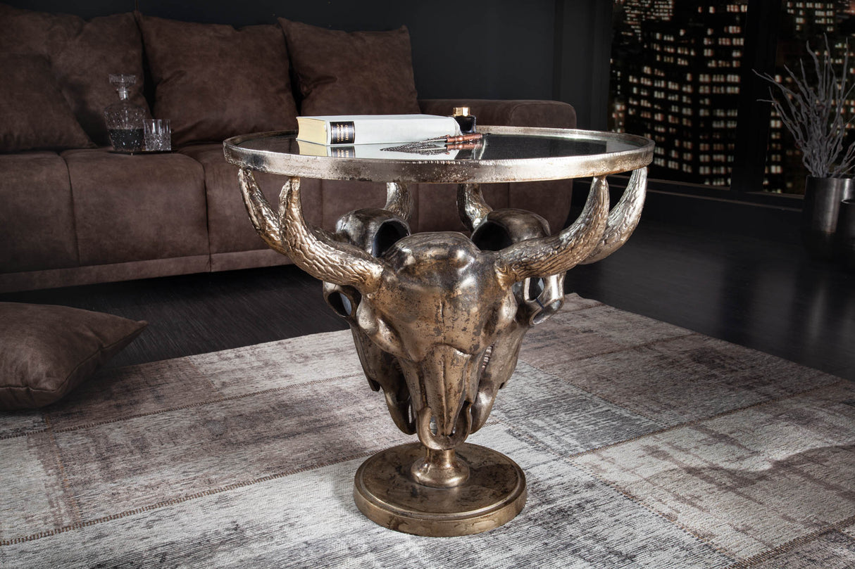 Couchtisch MATADOR 56cm 3 Totenköpfe bronze 8mm Glasplatte