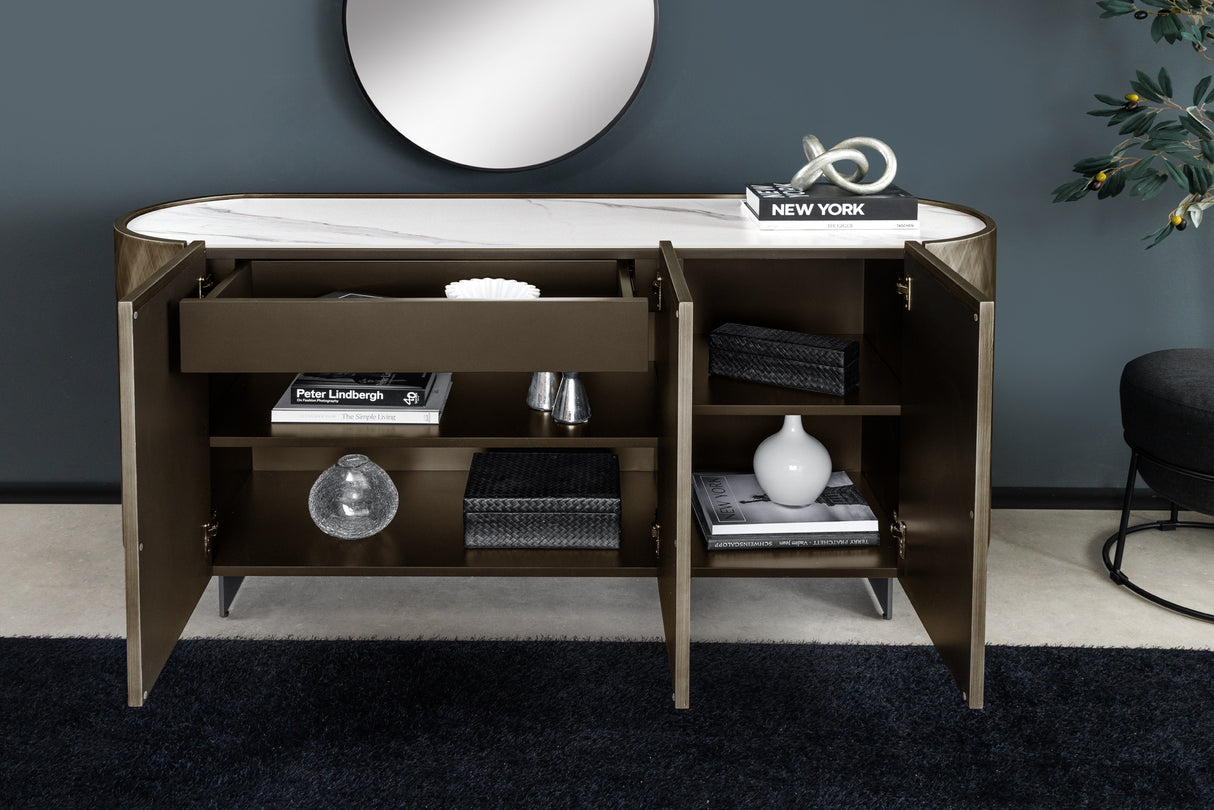 Sideboard REFLECTION 150cm 3D Effekt Bronze mit Keramik Marmorplatte weiß