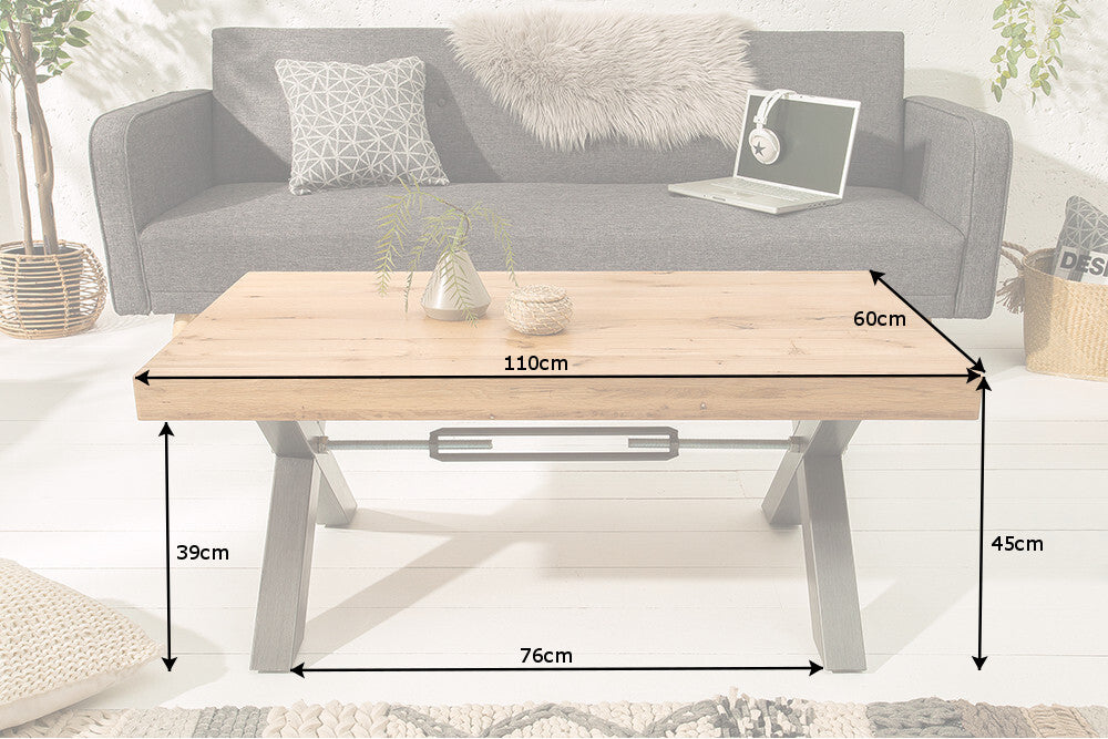 Couchtisch THOR 110cm X-Beine Wildeiche Holz Industriestil