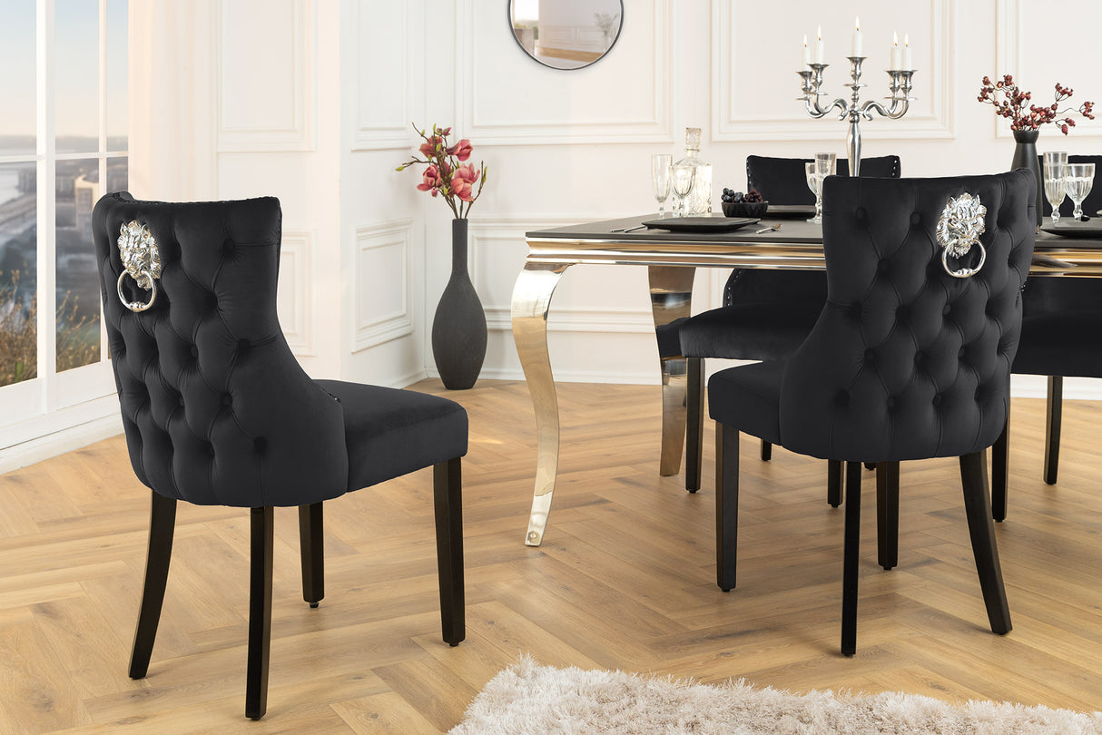 Chair CASTLE DELUXE w/ lion´s head handle velvet black legs black in chesterfield style