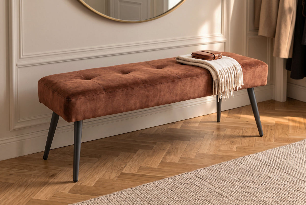 Bench BOUTIQUE 100cm button tufted look velvet rust brown w/ black metal legs