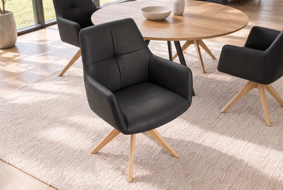 Swivel chair ALMARA 360° auto-return w/ armrests pocket spring core leather black