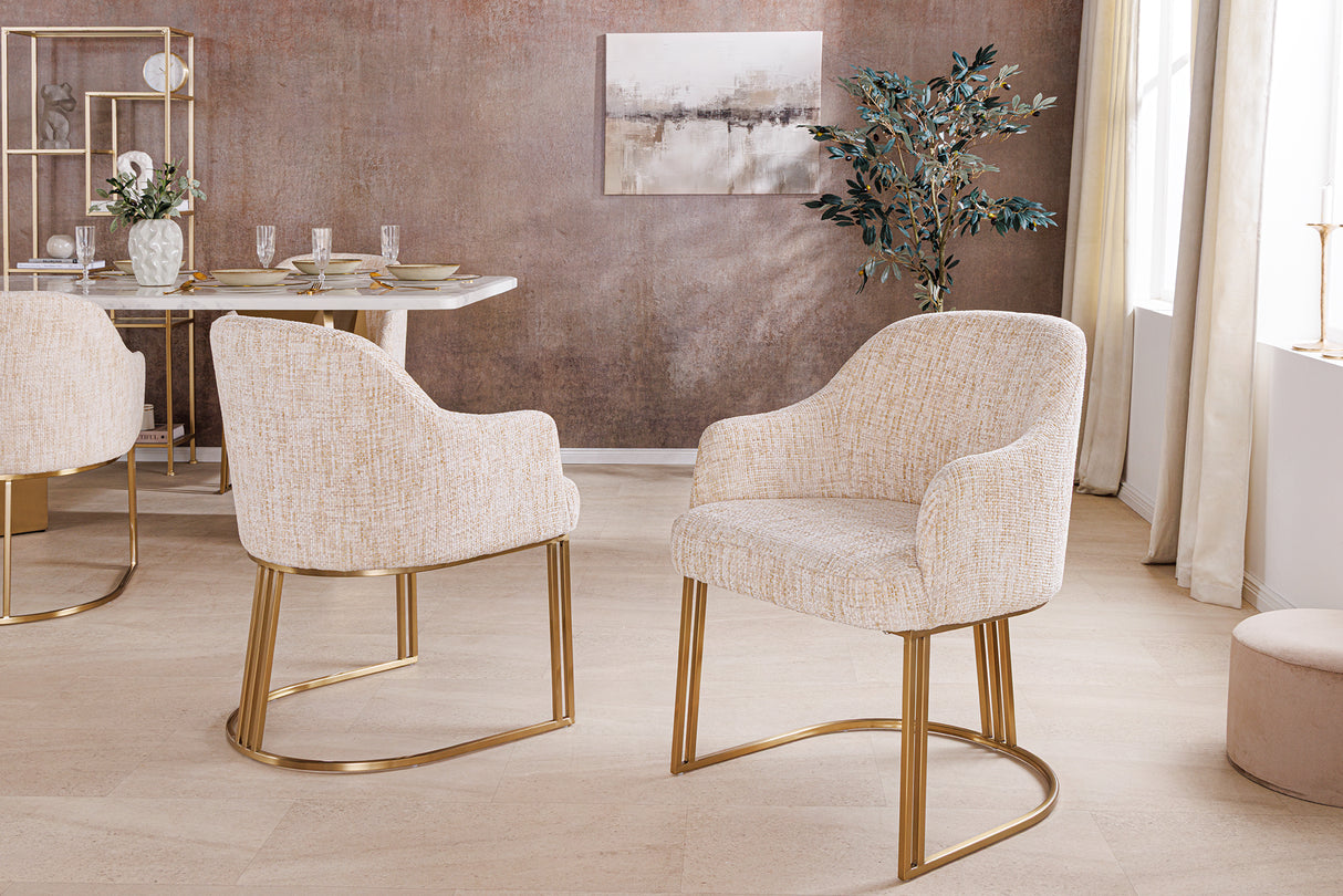 Chair EXTRAVAGANCIA beige chenille fabric w/ armrests and champagne golden frame