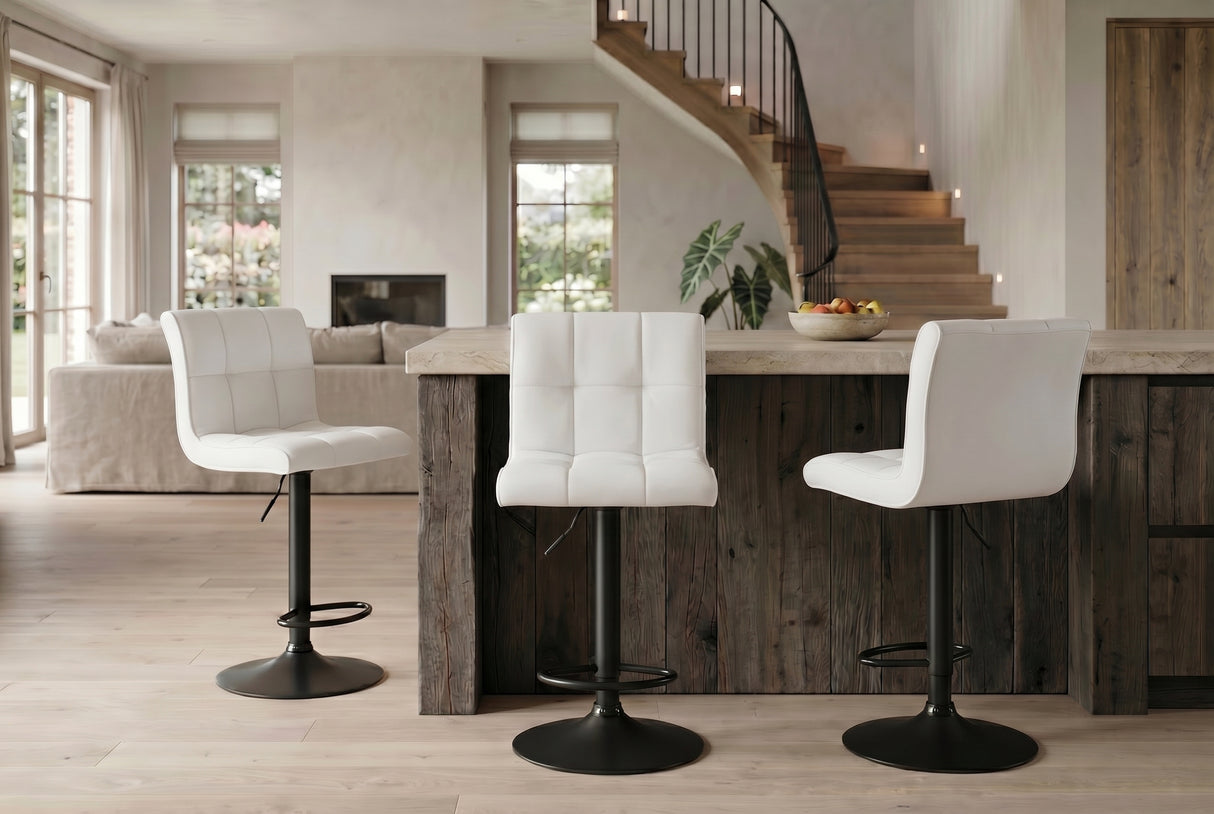 Bar stool MODENA 92-116cm 360° rotatable synthetic leather white w/ black metal frame