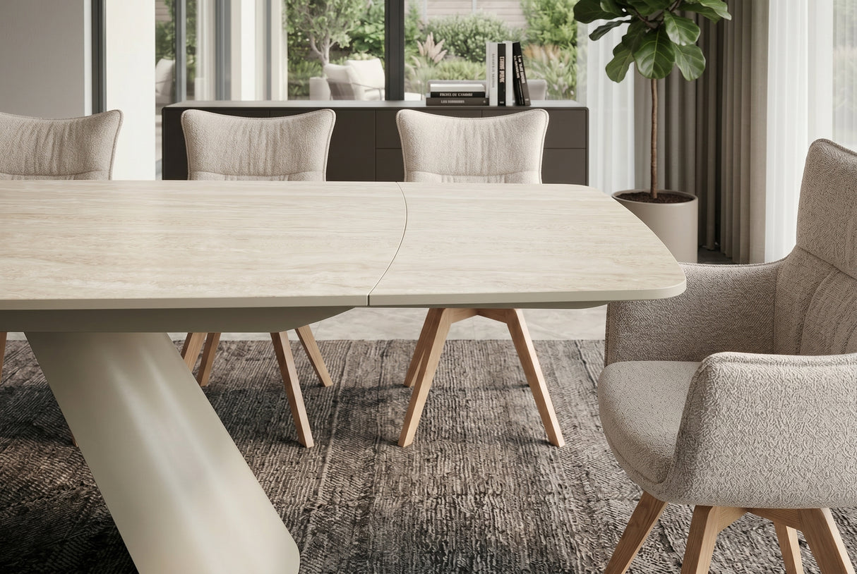 Dining table VOGUE 160-240cm extendable w/ metal frame travertine ceramic top champagne greige beige