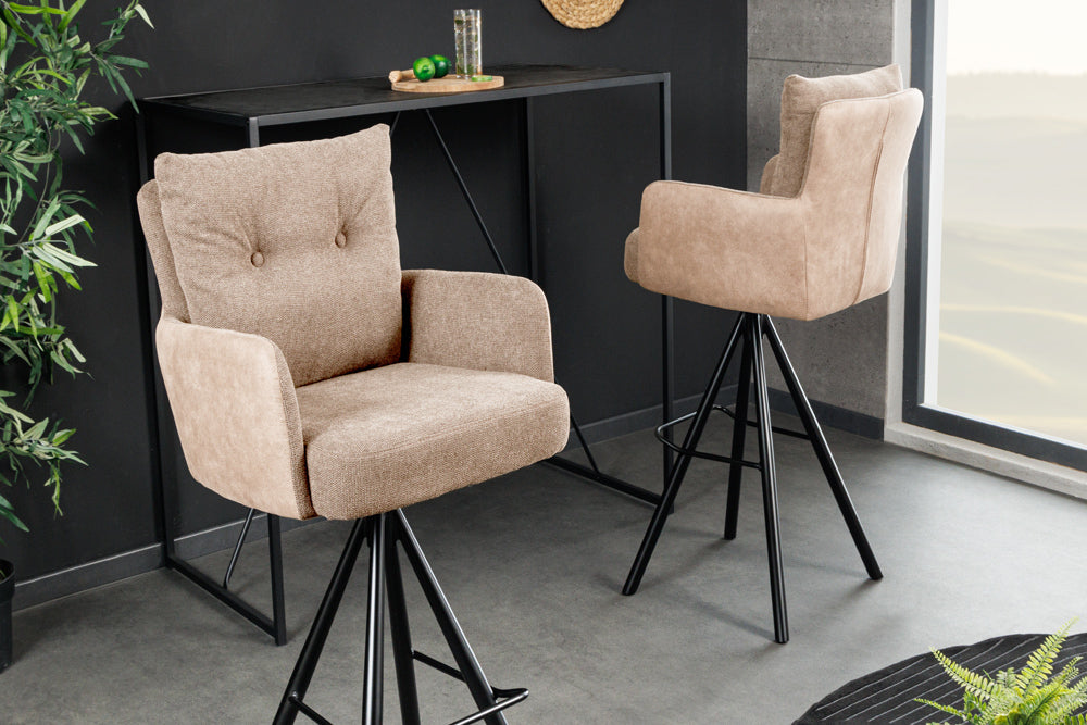 Bar stool BIG GEORGE w/ armrests flat woven fabric velvet champagne beige rotatable