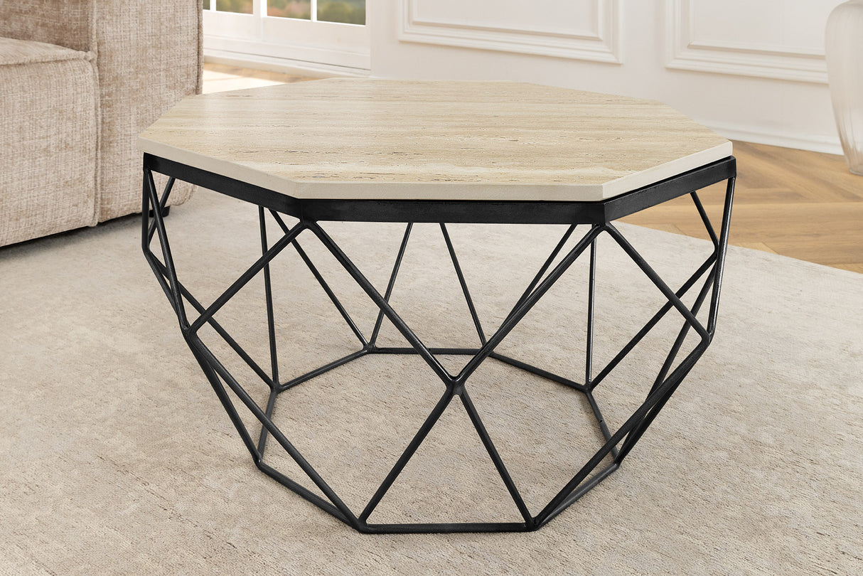 Couchtisch DIAMOND 70cm Gestell Eisen schwarz Platte Travertin