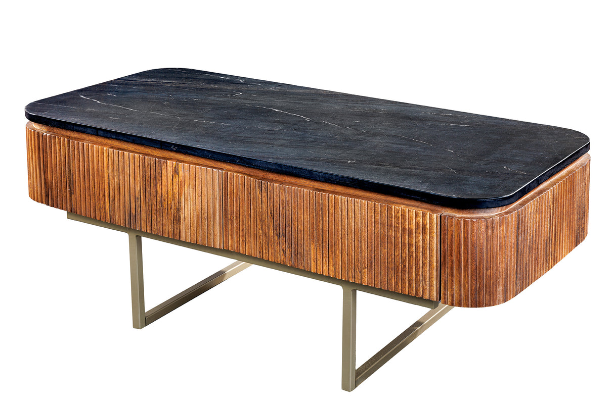 Coffee table GATSBY 110cm retro style mango wood gold marble top black