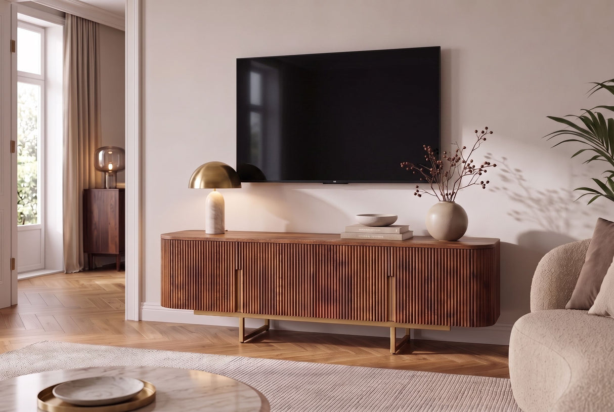 TV-Board GATSBY 160cm Retro-Stil Mangoholz braun gold